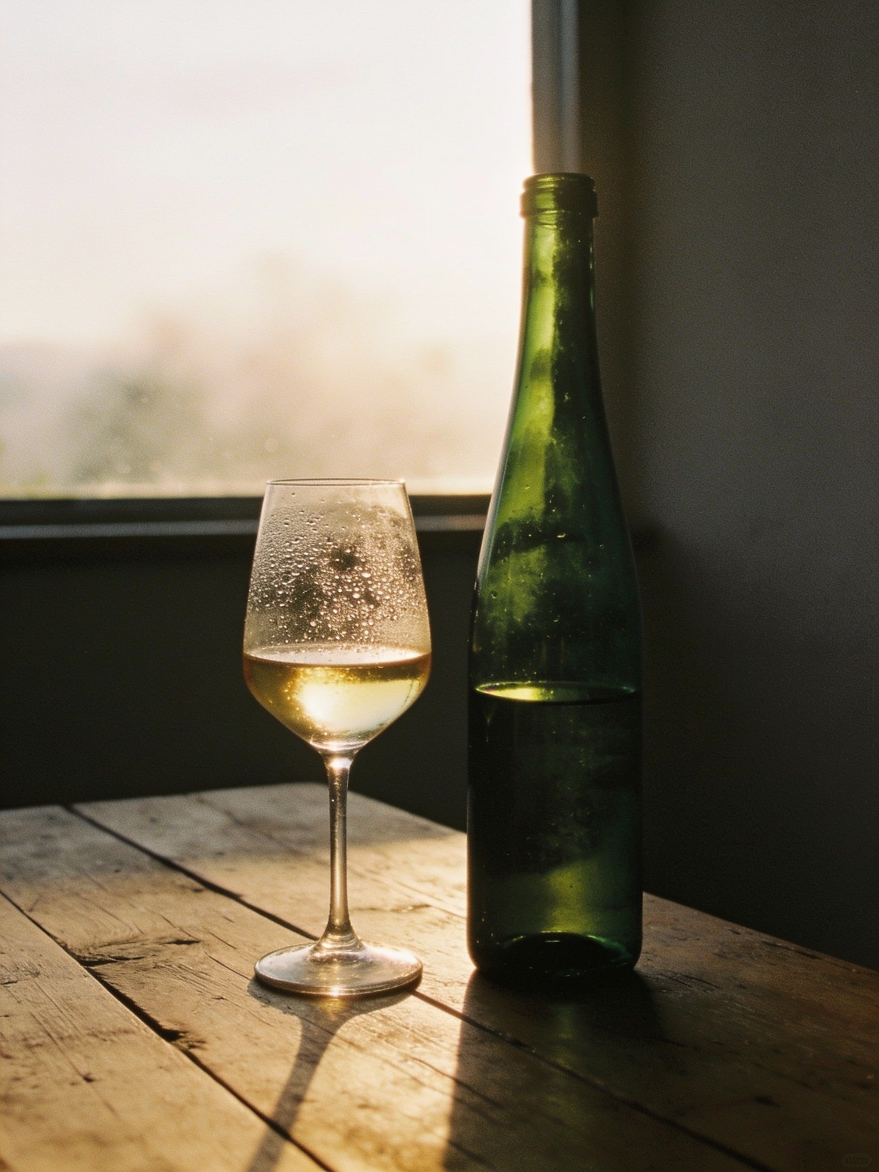 Eine Flasche und ein Glas Weißwein auf einem Eichentisch im Gegenlicht