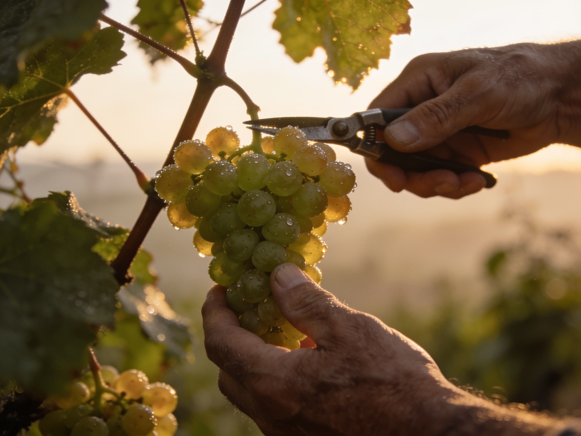 Hände schneiden eine Riesling-Traube bei der Lese