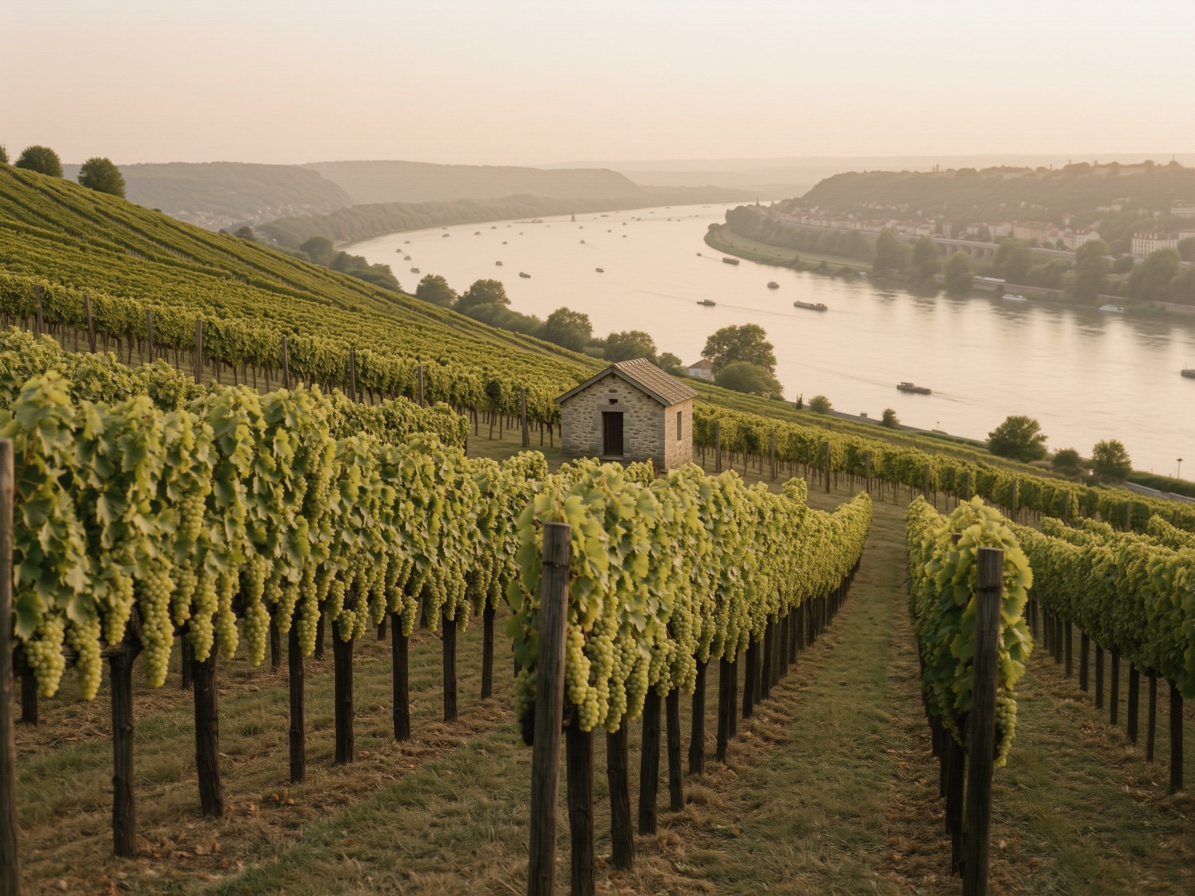 Rebzeilen am Steilhang über dem Rhein im goldenen Abendlicht