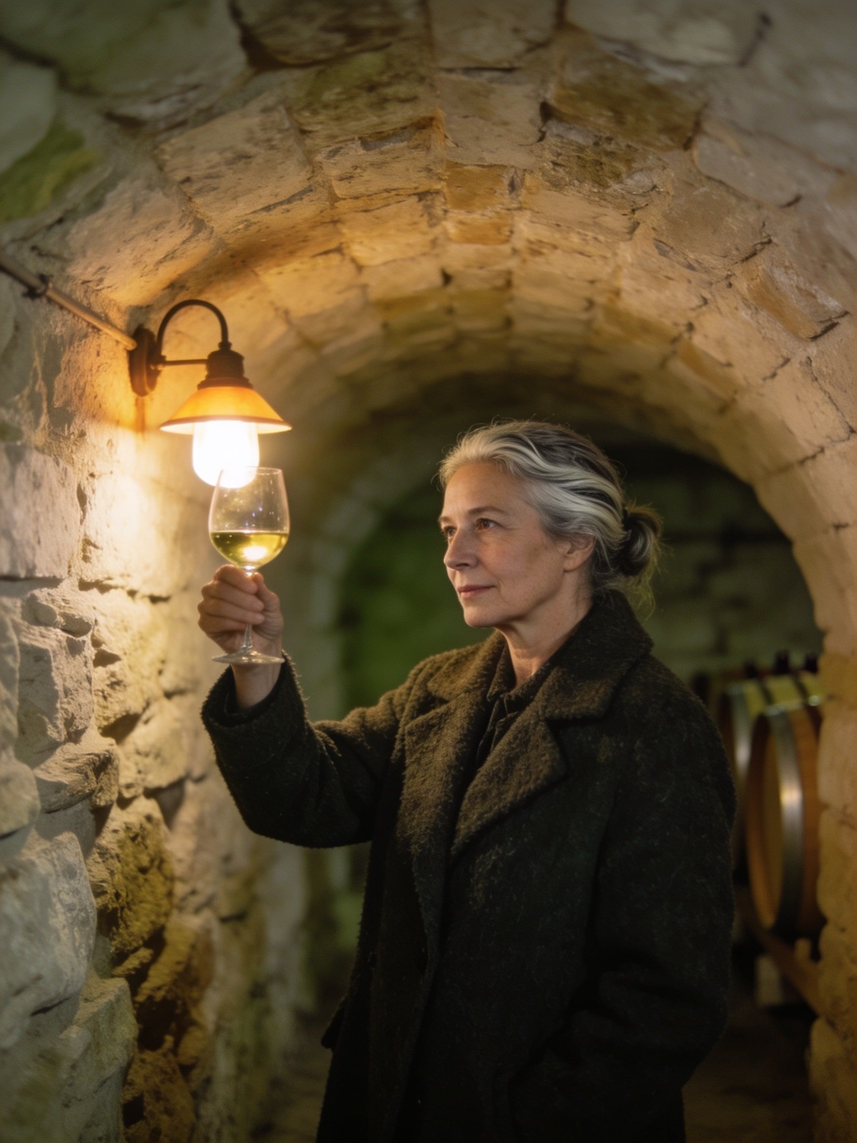 Kellermeisterin prüft ein Glas Weißwein im Gewölbekeller
